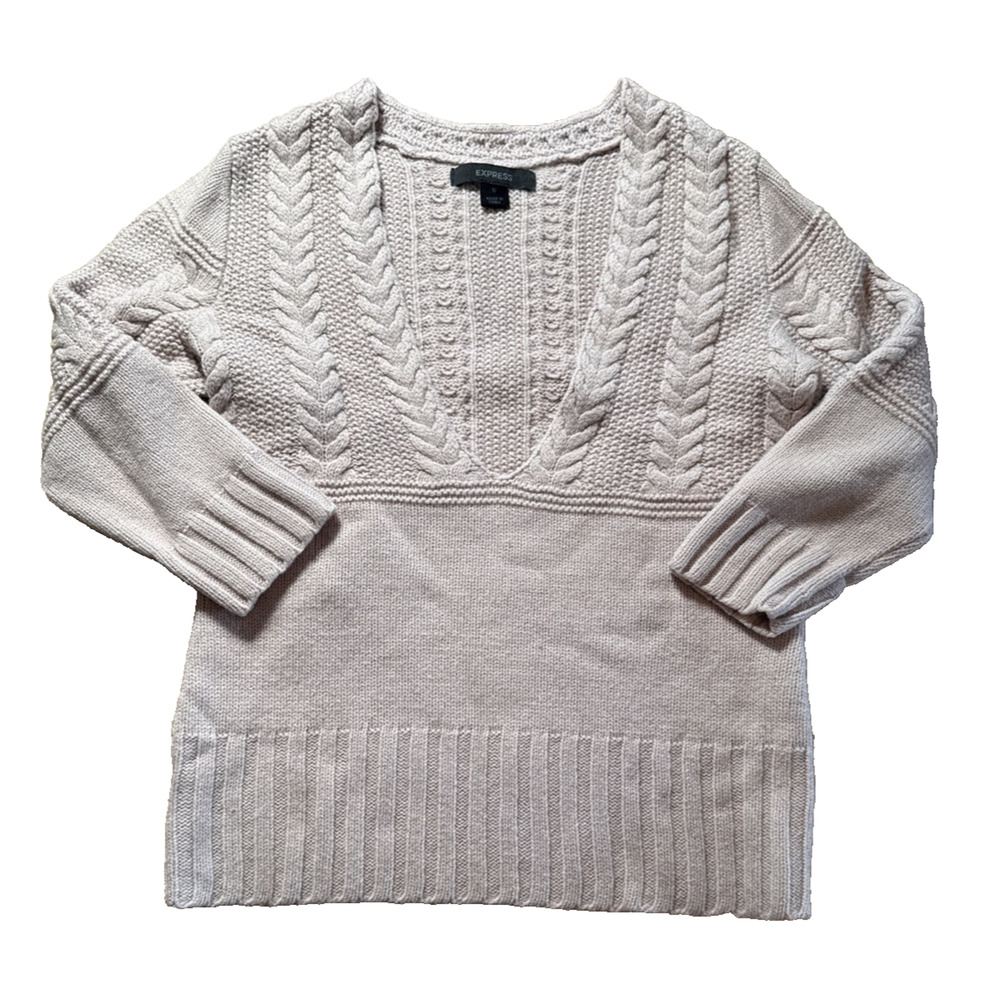 Express Women Small Lilac Ribbed Cable Knit Cropped Sweater V-Neck 3/4 Sleeve